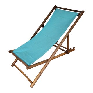 Transat Folding Deck Chair in Bamboo Wood and Fabric, 1970s For Sale