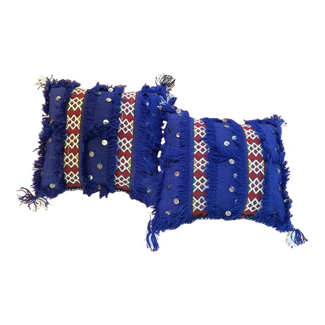 Pair of Vintage Moroccan Blue Pillows For Sale