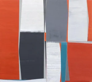 Contemporary Red, White, and Gray Modern Minimalist Artwork ''Tectonic 2'' Abstract Mixed-Media Painting by Heny Steinberg