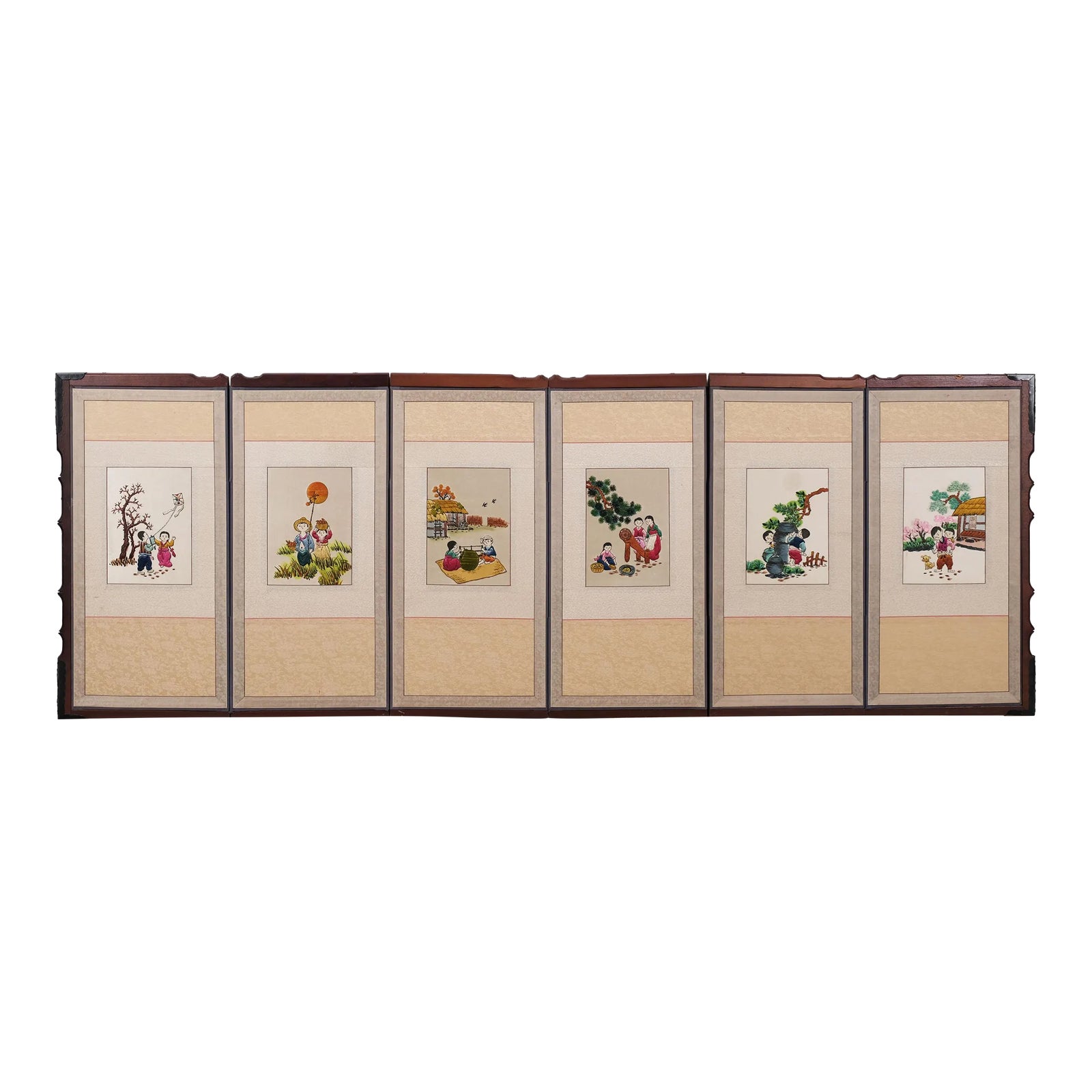 Small 1960s Korean 6-Panel Chaekgeori Embroidered Scenes Hand Signed ...