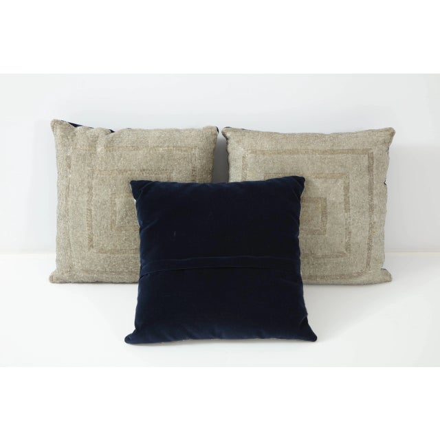 Trio of elegant vintage beaded pillows with a new luxurious midnight blue velvet back with a hidden zipper closure.
