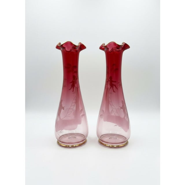 Magnificent 14" Antique Bohemian Cranberry Glass Mary Gregory Vases - Facing Pair For Sale In Greensboro - Image 6 of 11