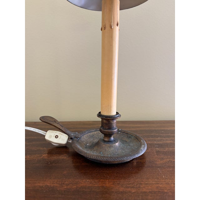 French Provincial Mid 20th Centur French Provincial Louis XVI Brass Bouillotte Lamp With Yellow Tole Shade For Sale - Image 3 of 11