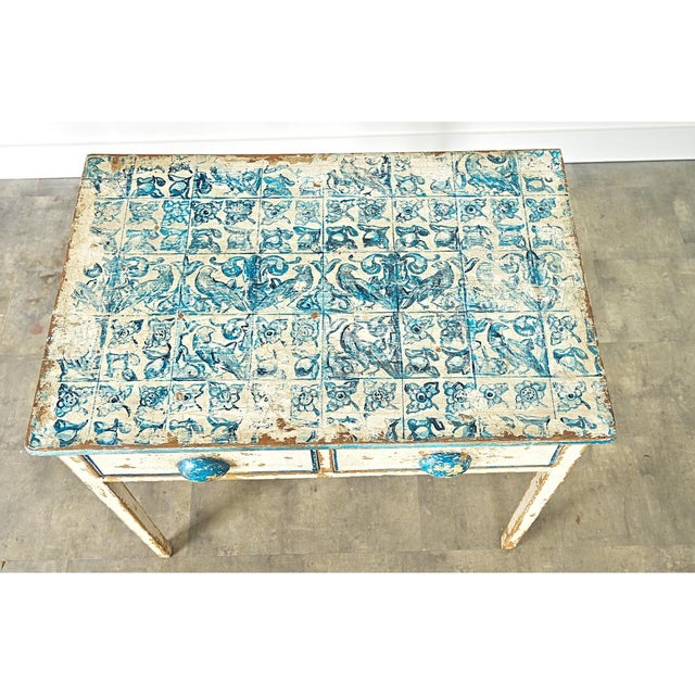 English Pine Work Table With Faux Delft Tile Painted Top For Sale In Baton Rouge - Image 6 of 12