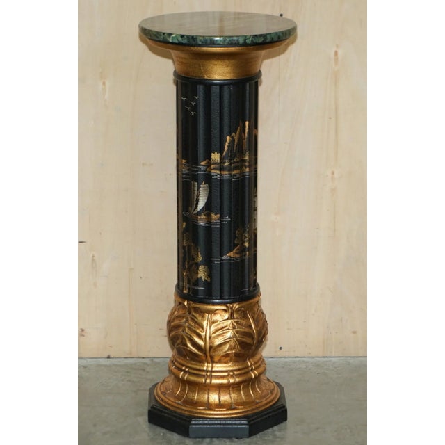 Chinese Neoclassical Style Chinoiserie Lacquered Torcheres Columns, 1920s, Set of 2 For Sale - Image 9 of 11