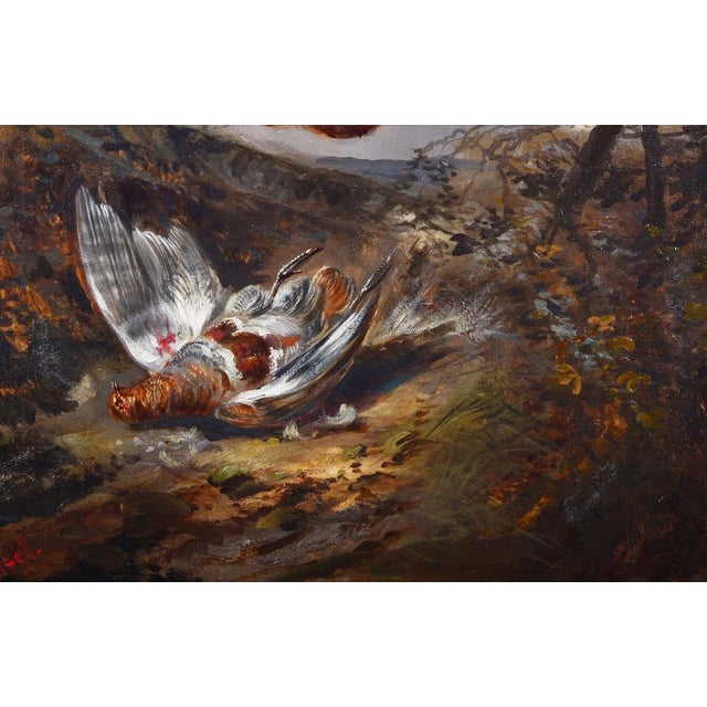 Oil on canvas by a German Painter whose signature is on canvas but is not readable. Beautiful example of hunting scene....