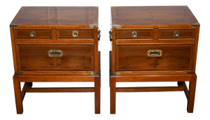 English Military Campaign Yew Wood & Brass Nightstands, Set of 2