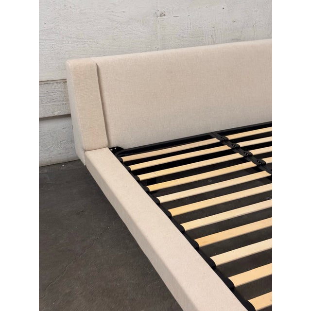 Queen Size Modern Floating Linen-Wrapped Platform Bed Frame For Sale - Image 4 of 12
