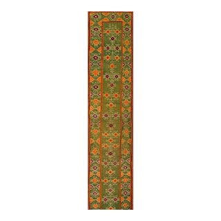 1930s Green Geometric Tribal Hand Knotted Antique Indian Agra Rug 1'10" X 10'9" Wool Carpet For Sale