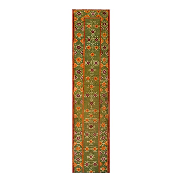 1930s Green Geometric Tribal Hand Knotted Antique Indian Agra Rug 1'10" X 10'9" Wool Carpet For Sale