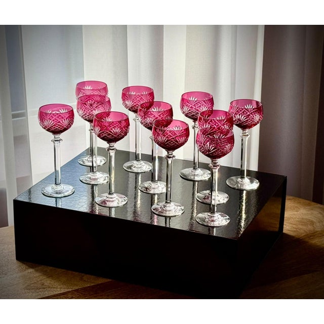 Glass Ruby Cut Crystal Liqueur Glasses attributed to Val Saint Lambert, 1950, Set of 11 For Sale - Image 7 of 17