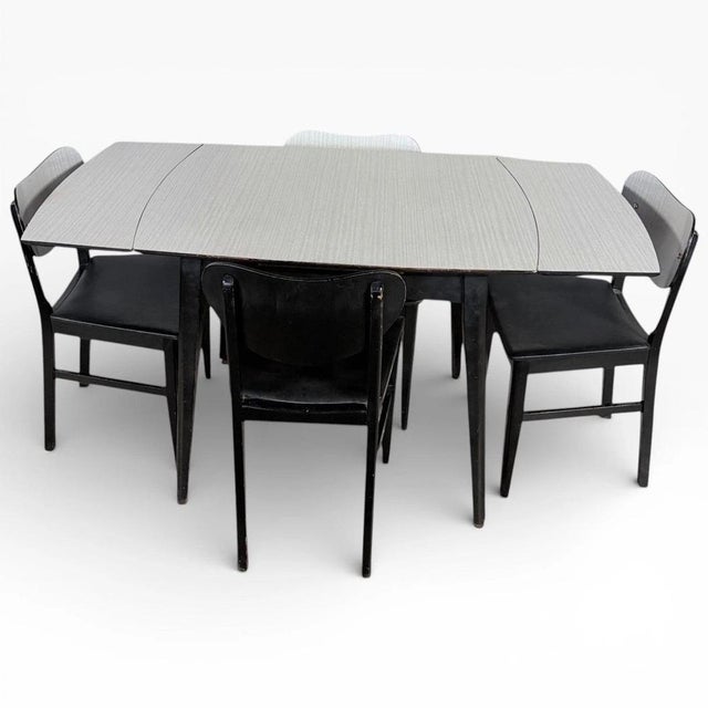 Contemporary Mid-Century White Formica Extendable Drop-Leaf Dining Table, Set of 5 For Sale - Image 3 of 10
