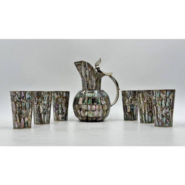 Green 1960s Mexican Alpaca Silver & Abalone Bird of Paradise Pitcher Set - 7 pcs For Sale - Image 8 of 18
