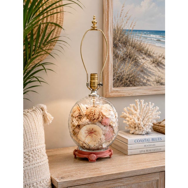 Hollywood Regency Vintage Seashell-Filled Glass Table Lamp With Pink Shell Base For Sale - Image 3 of 5