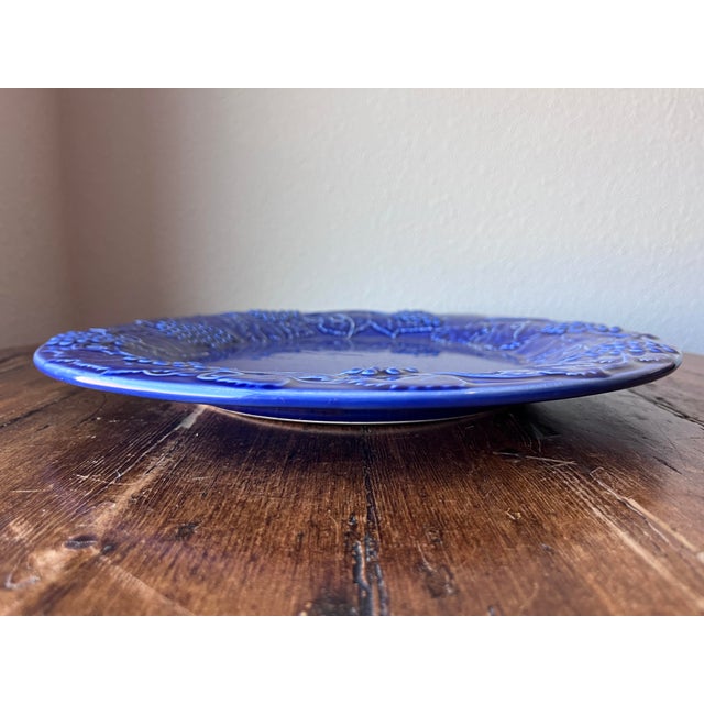 Ceramic 1980s Bordallo Pinheiro Embossed Grapes, Vines and Leaves Cobalt 14" Chop Plate, Platter For Sale - Image 7 of 7