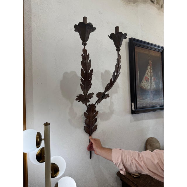 Pair of French 18th c pressed metal leaf sconces. Newly rewired with electrical box that can be painted or papered. 13”l x...