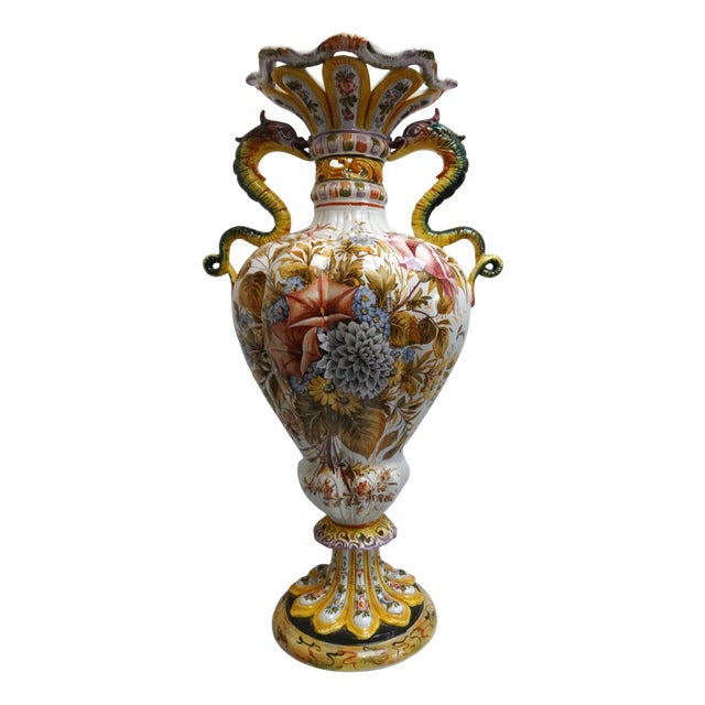 Renaissance Style Hand-Painted Majolica Vase with Flowers and Dragon-Shaped Handles from Nove Bassano, Italy, 1950s For Sale