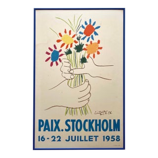 Pablo Picasso Vintage 1958 Mid Century Modern Lithograph Print " Bouquet of Peace " Framed Paix Stockholm Poster For Sale