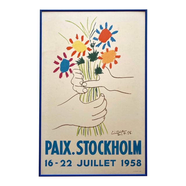 Pablo Picasso Vintage 1958 Mid Century Modern Lithograph Print " Bouquet of Peace " Framed Paix Stockholm Poster For Sale