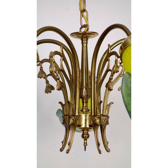 French Brass Pate De Verre Glass Five Light Chandelier, 1950s For Sale - Image 9 of 11