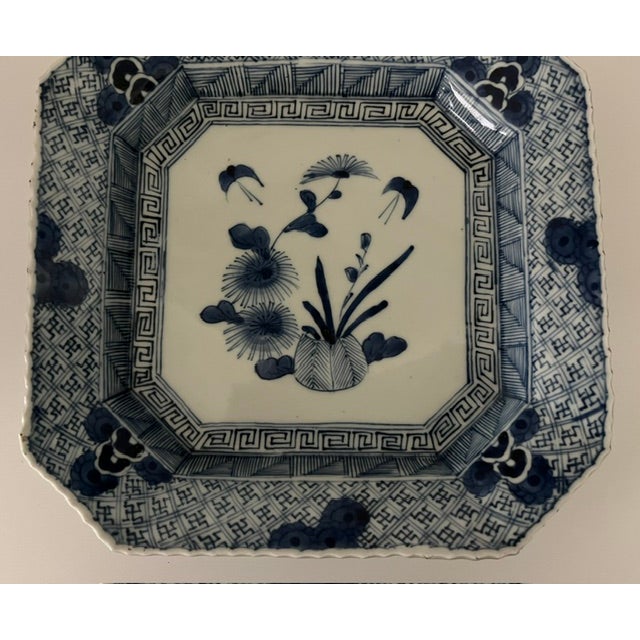 Antique Japanese Blue and White Octagonal Plate With Floral Design For Sale - Image 10 of 18