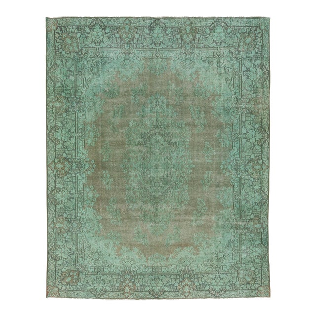 Green Floral Antique Persian Overdyed Wool Rug 10 X 13 For Sale