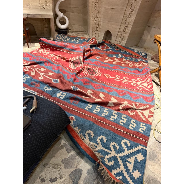 Turkish Vintage Turkish Kilim Rug Flat-Weave Wool Carpet Geometric Motif 13 X 10 For Sale - Image 3 of 8