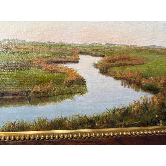 Antique 1895 Original Realistic Marsh Land Landscape 19th Century Oil Painting For Sale - Image 4 of 14