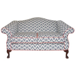 Refurbished Upholstered Camel Back Blue Sofa For Sale