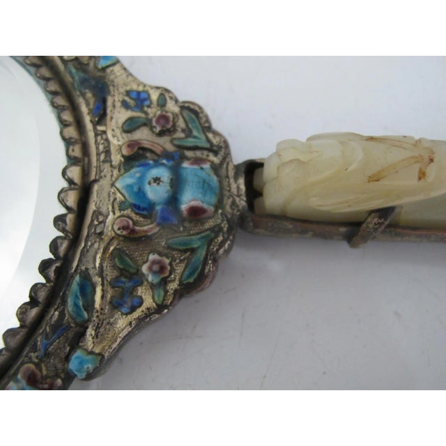 Antique Chinse Silver Turquoise Enamel Animal Woodland Design Jade Handle Mirror For Sale - Image 12 of 13