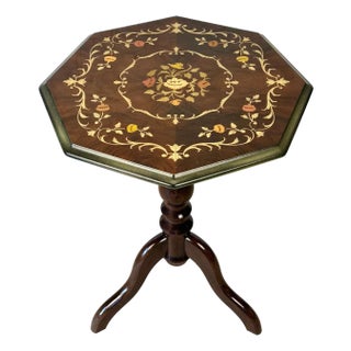 Vintage Italian Rococo Floral Marquetry Fruitwood Octagonal Side Table For Sale