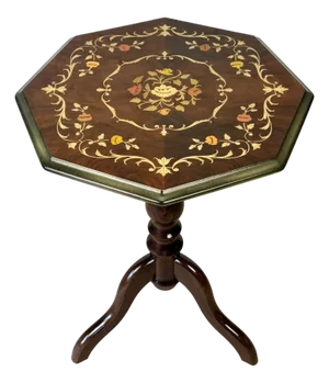 Vintage Italian Rococo Floral Marquetry Fruitwood Octagonal Side Table