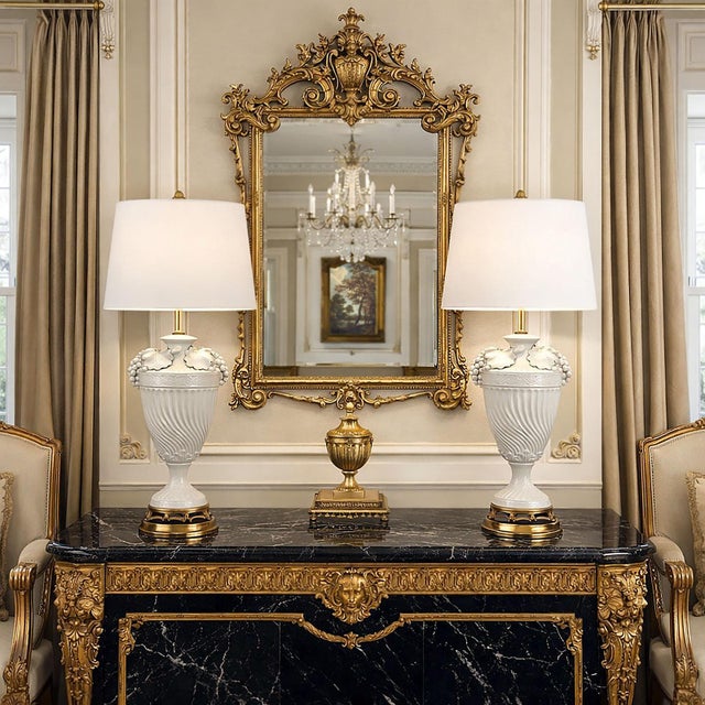 Offering an impressive pair of RESTORED Extra-Large vintage Italian white porcelain table lamps, circa 1950s. Both of...