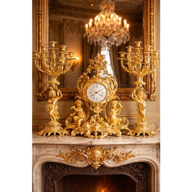 1840s French Louis XV Ormolu Bronze Clock Set - 3 PCS For Sale - Image 6 of 11