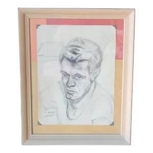 Vintage Charcoal Drawing Portrait of Man's Face Signed Dated 1967 Framed