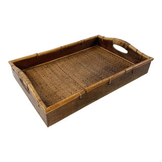 Vintage Wood & Caned Serving Tray For Sale