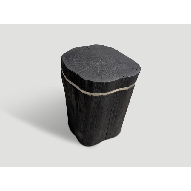 Contemporary Andrianna Shamaris Minimalist Charred Teak Wood and Silver Side Table For Sale - Image 3 of 5