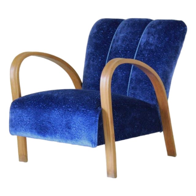 Art Deco Blue Velvet Armchair in Beech Wood, France, 1920s For Sale