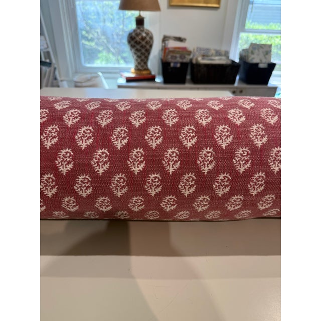 Brand New Custom Peter Dunham Clay Pink on White Round Bolster Pillow with Red Ticking Stripe Accent on Either End. Fabric...