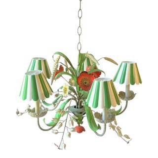 Vintage Italian Poppy Flower Tole Chandelier - Five Arm For Sale