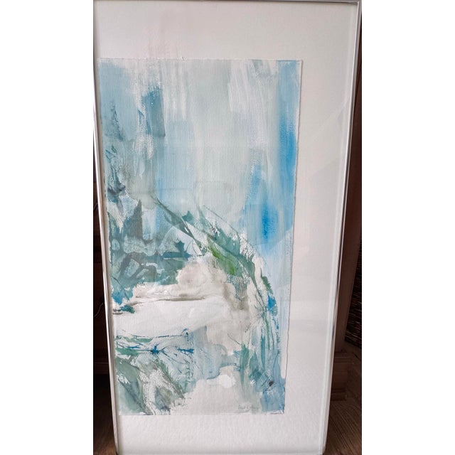 2020s Large Abstract Coastal Original Painting Watercolor Triptych Blue Green Wall Art Modern Signed Framed For Sale - Image 5 of 12