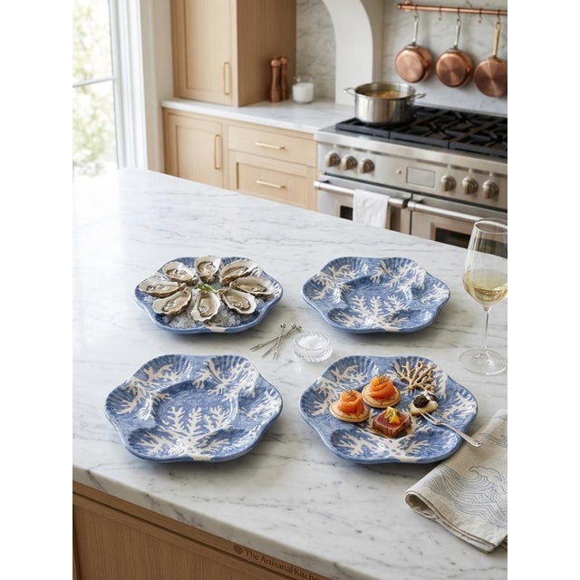Italian Les Ottomans Hand-Painted Blue Coral Oyster Plates - Set of 4 For Sale In West Palm - Image 6 of 7
