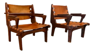 Pair of Mid 20th Century Leather and Wood Safari Chairs Attributed to Angel Pazmino