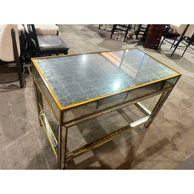 John Richard Mirrored Distressed Desk With Gold Toned Trim For Sale - Image 4 of 9