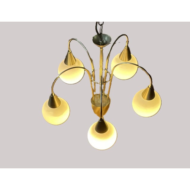 Mid-Century Modern Brass and Opaline Glass 5-Light Chandelier from Honsel Leuchten, Germany, 1970s For Sale - Image 3 of 18