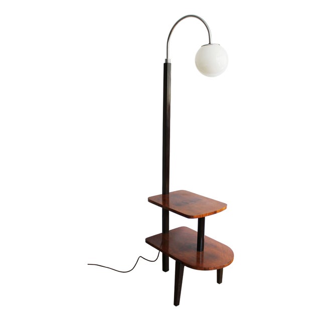 Modernist Floor Lamp in Glass, Wood, and Steel with Shelves, 1950s For Sale