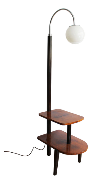 Modernist Floor Lamp in Glass, Wood, and Steel with Shelves, 1950s