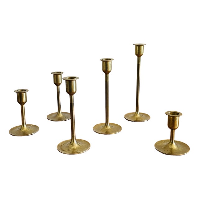 Mid-Century Brass Candlesticks, Set of 6 For Sale