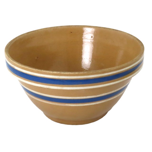 Large Antique 11 1/2 Inch Size Blue and White Decorated Banded Yellow Ware Kitchen Mixing Bowl For Sale - Image 4 of 13