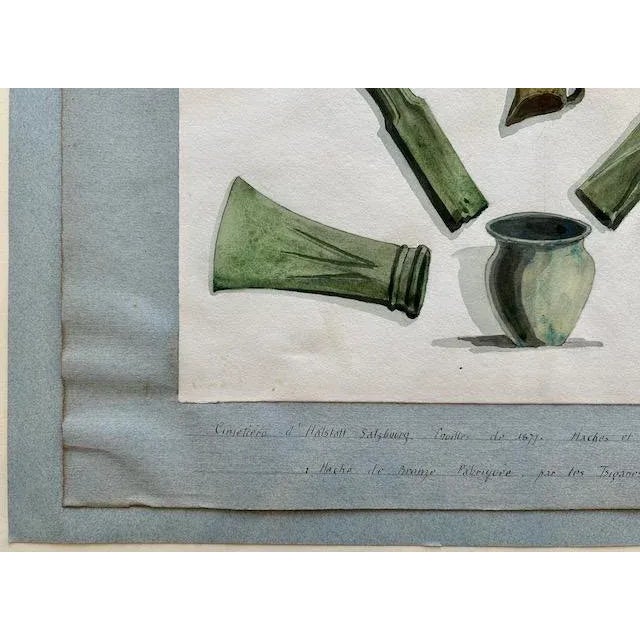 Antique Austrian Museum Watercolor c.1900 Bronze Age Tools Scientific Art For Sale - Image 4 of 9